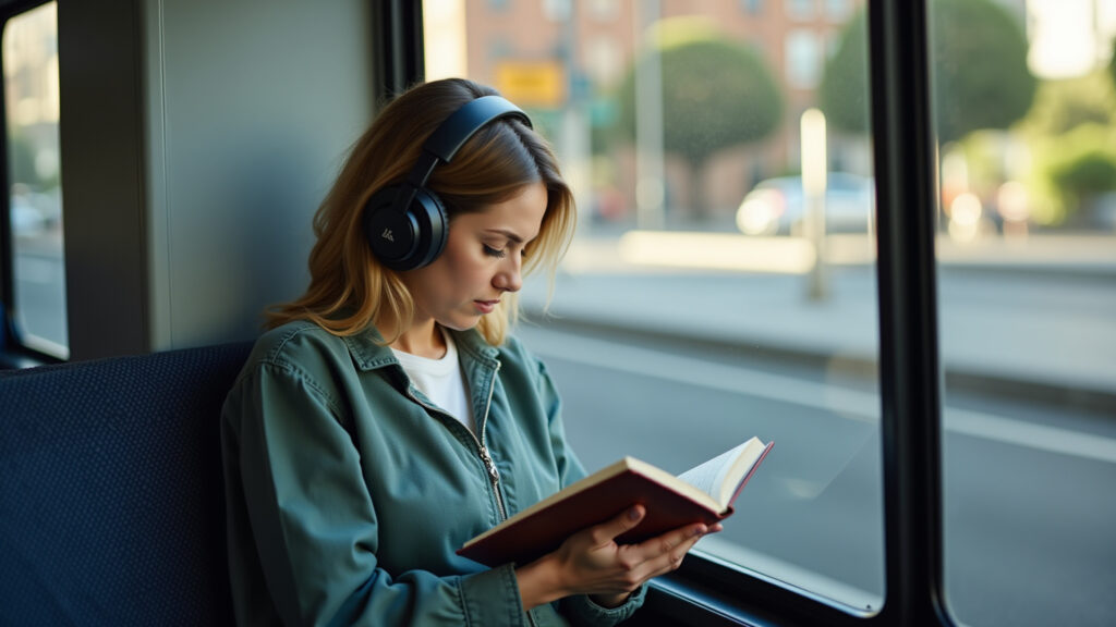 Person reading on a bus, headphones on, blurred city background, natural lighting, lifestyle Leitura no transporte público.
