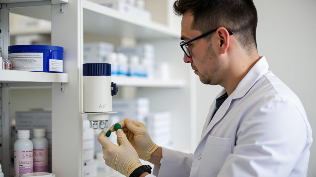Farmacêutico manipulando ácido ferúlico puro.