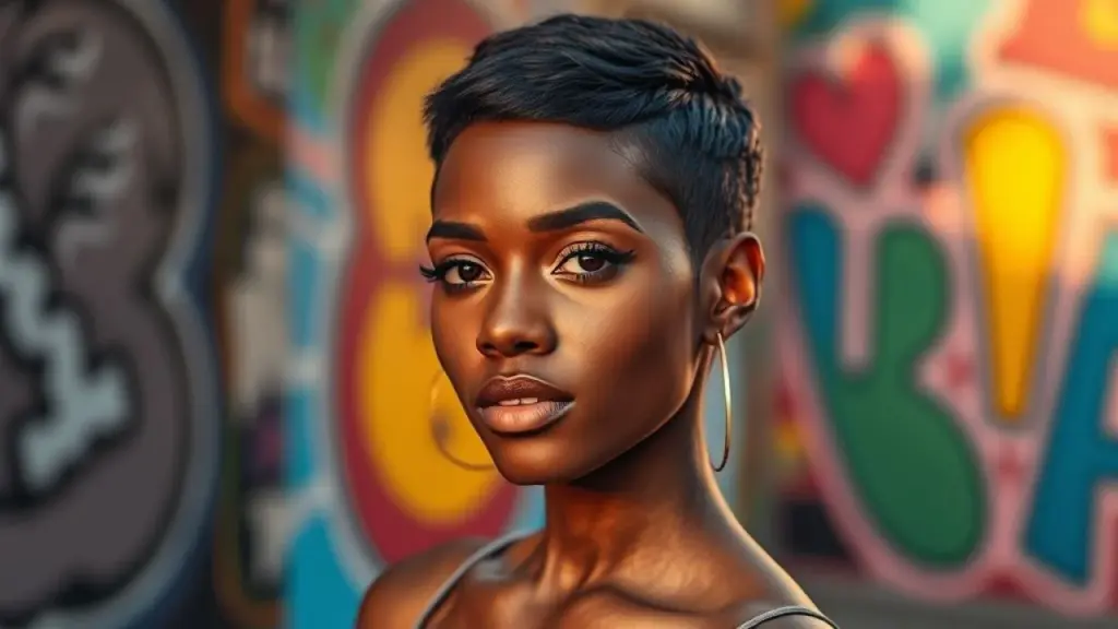 Pixie cut, mulher negra brasileira, arte de rua, cabelo curto, ousadia.
