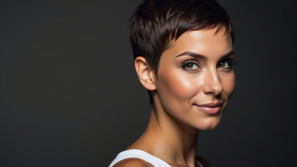 Corte pixie ousado para rosto pera, expressando atitude.