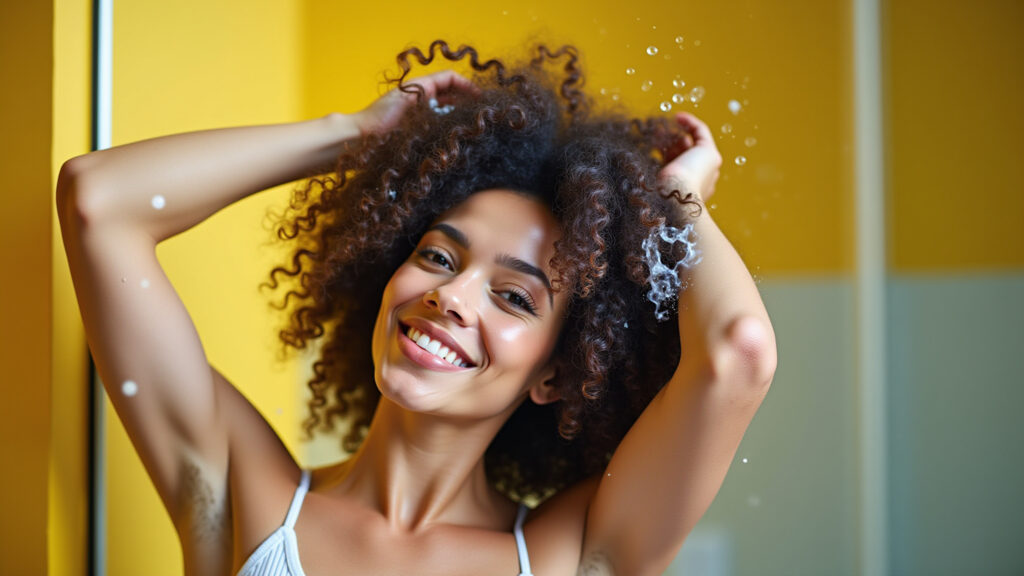 Mulher lavando cabelos cacheados com shampoo hidratante.