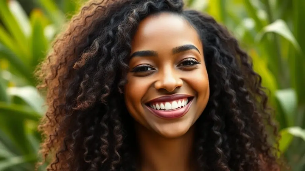 Mulher brasileira sorrindo com cabelo natural saudável e brilhante.