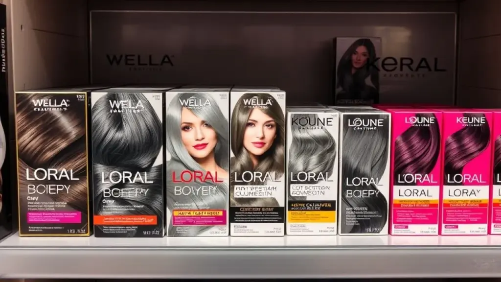 Tintas para cabelo acinzentado das marcas Wella, L'Oréal e Keune.