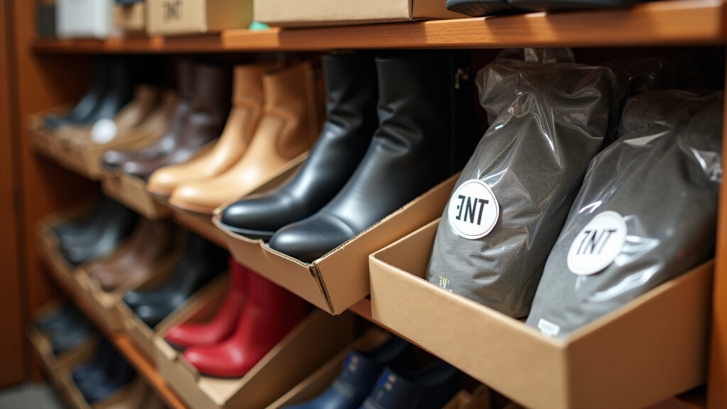 Shoes stored in individual boxes and TNT bags, shoe trees inside, organized closet, natural Sapatos guardados corretamente para evitar deformações.