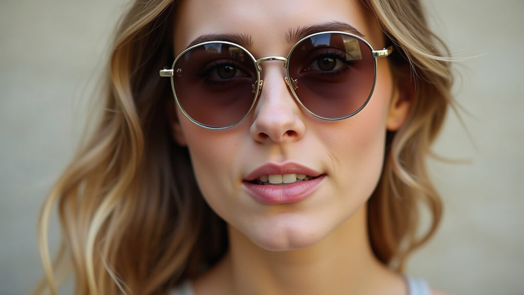 Mulher de rosto pequeno com óculos de sol redondos pequenos.