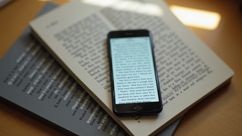 Smartphone with reading app open, books around, natural light, commercial photography, 8K quality, Aplicativo de leitura no celular.