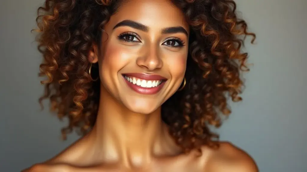 Mulher brasileira sorrindo com maquiagem impecável. Foto de perfil confiante e radiante.