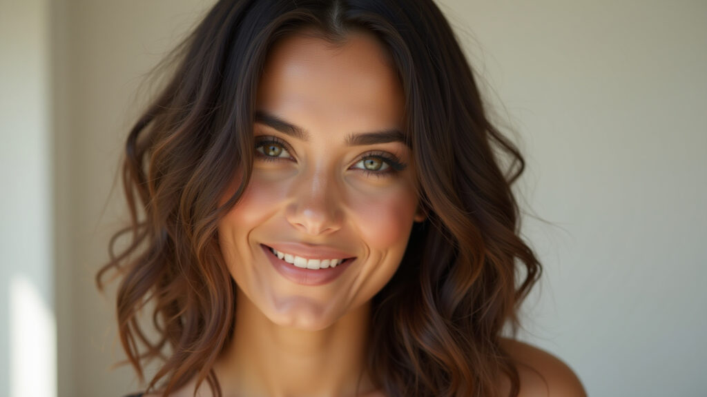 Ondas suaves românticas para rosto pera, adicionando feminilidade.