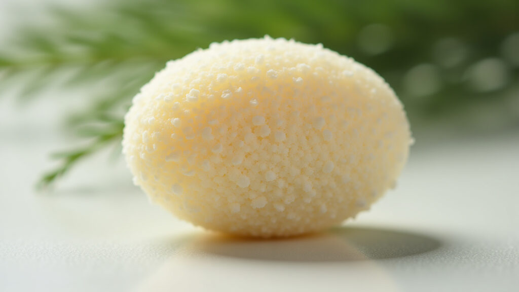 Solid anti-dandruff shampoo bar with tea tree oil, close-up, natural texture, soft lighting, Shampoo sólido anticaspa com óleo de melaleuca.