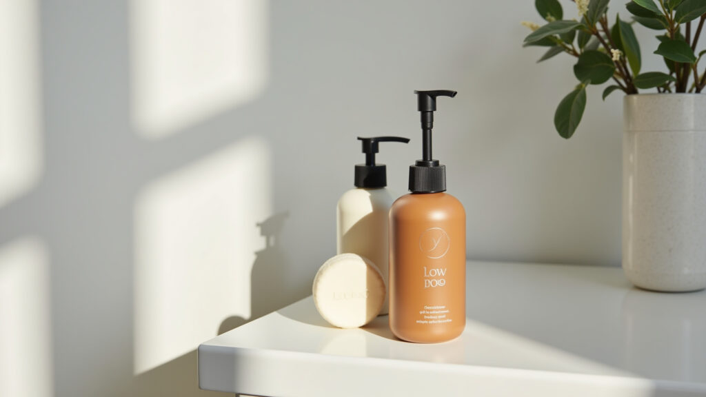 Solid conditioner bar next to Low Poo approved shampoo, minimalist bathroom setting, natural light, Condicionador sólido Low Poo e No Poo.