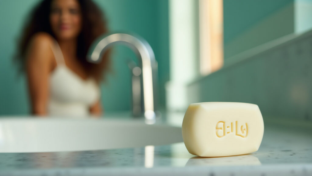 Solid conditioner bar on a vibrant Brazilian bathroom counter, natural light, woman with curly hair Condicionador sólido em barra, alternativa sustentável.