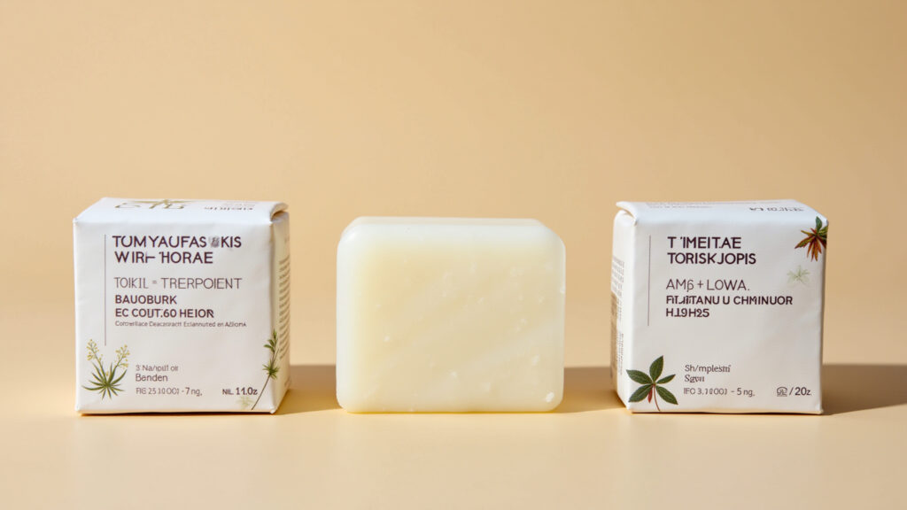 Solid shampoo and conditioner bars side by side, natural ingredients, minimalist design, soft Kit shampoo e condicionador sólido.
