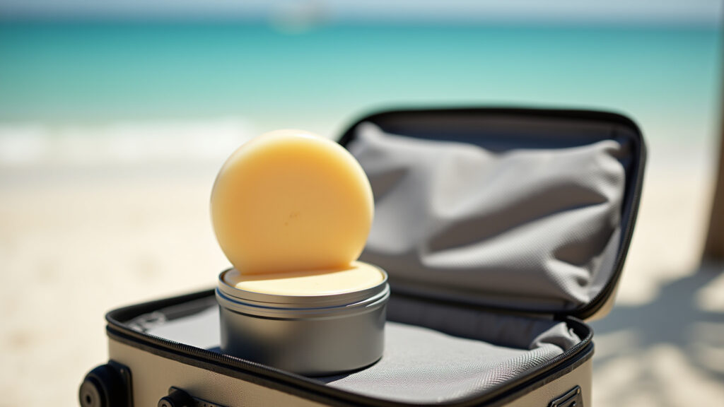 Solid shampoo bar in a travel container, suitcase open, beach background, bright sunny day, 8K Shampoo sólido para viagem.