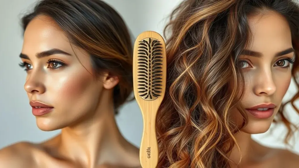 Escova de bambu equilibrando oleosidade da raiz e hidratação das pontas do cabelo.