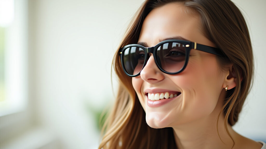 Mulher de rosto quadrado com óculos de sol redondos.
