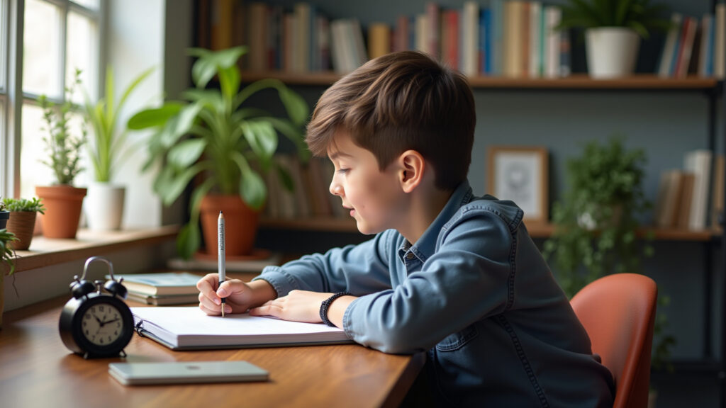 Student using timer, focused on books, desk with Brazilian decor, natural light, studying with Estudante concentrado usando técnica de 5 minutos.