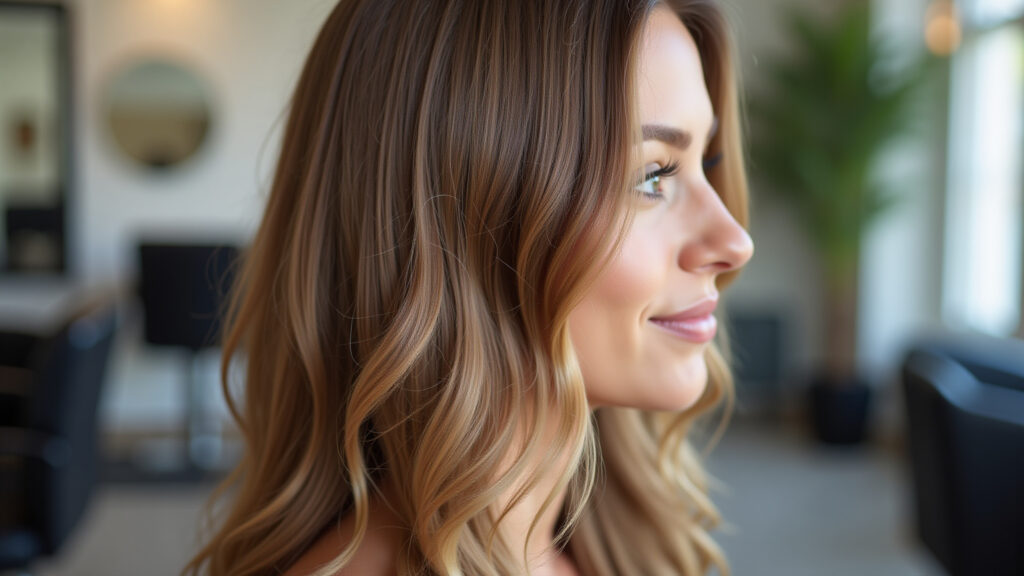 Cabelo fino com corte em camadas longas e mousse de volume.