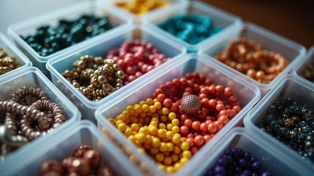 Caixas transparentes organizando brincos e anéis coloridos.