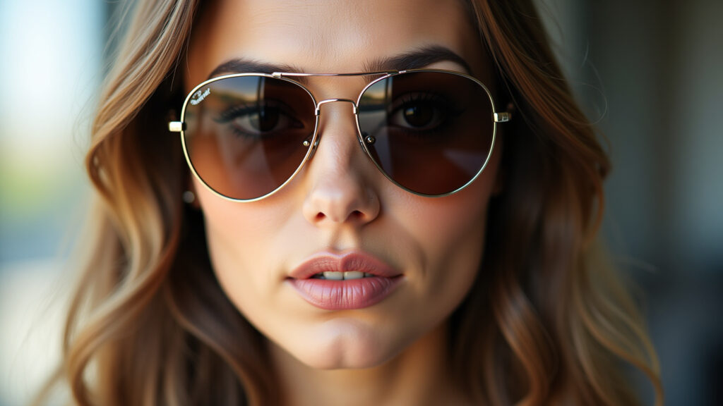 Mulher de rosto triangular com óculos de sol aviador.