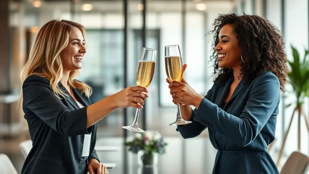 Mulheres brasileiras comemorando sucesso profissional com champanhe