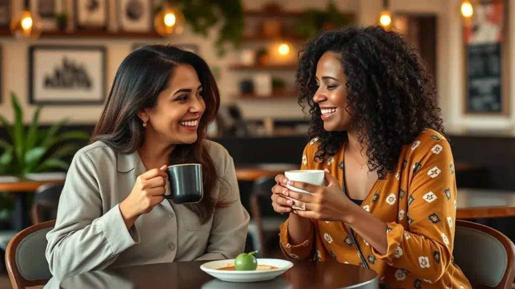 Duas mulheres brasileiras em mentoria, café. Compartilhamento de saberes e crescimento profissional.