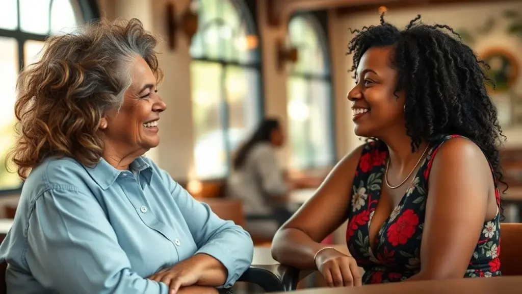 Mulheres brasileiras em café, mentora e mentorada em conversa