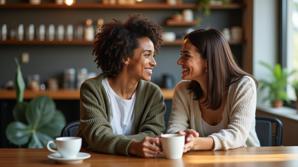 Two Brazilian women supporting each other, sharing goals, coffee shop, friendship, encouragement, Mulheres se apoiando para alcançar metas.