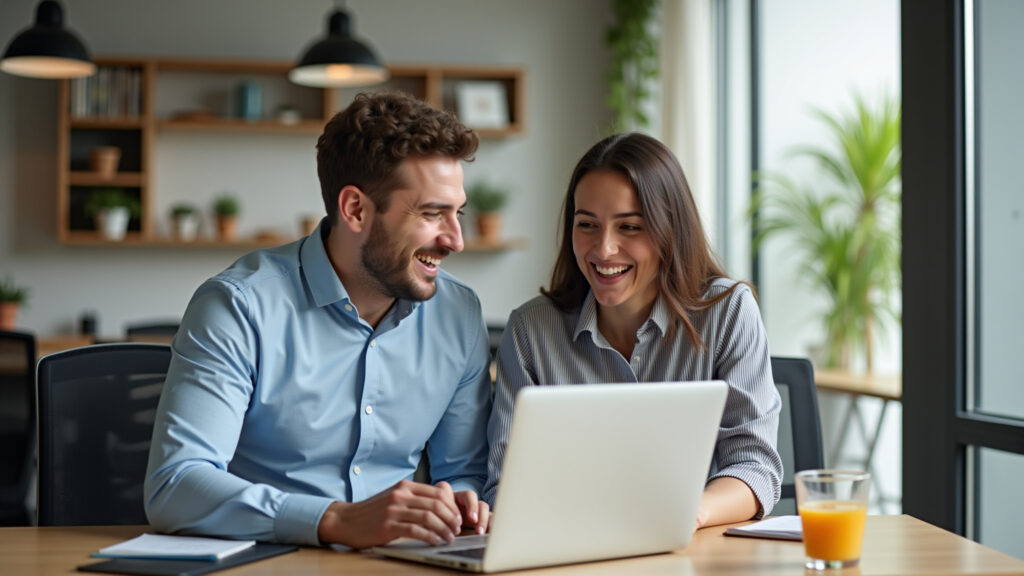 Colegas de trabalho rindo durante o intervalo, equilibrando profissional e pessoal.