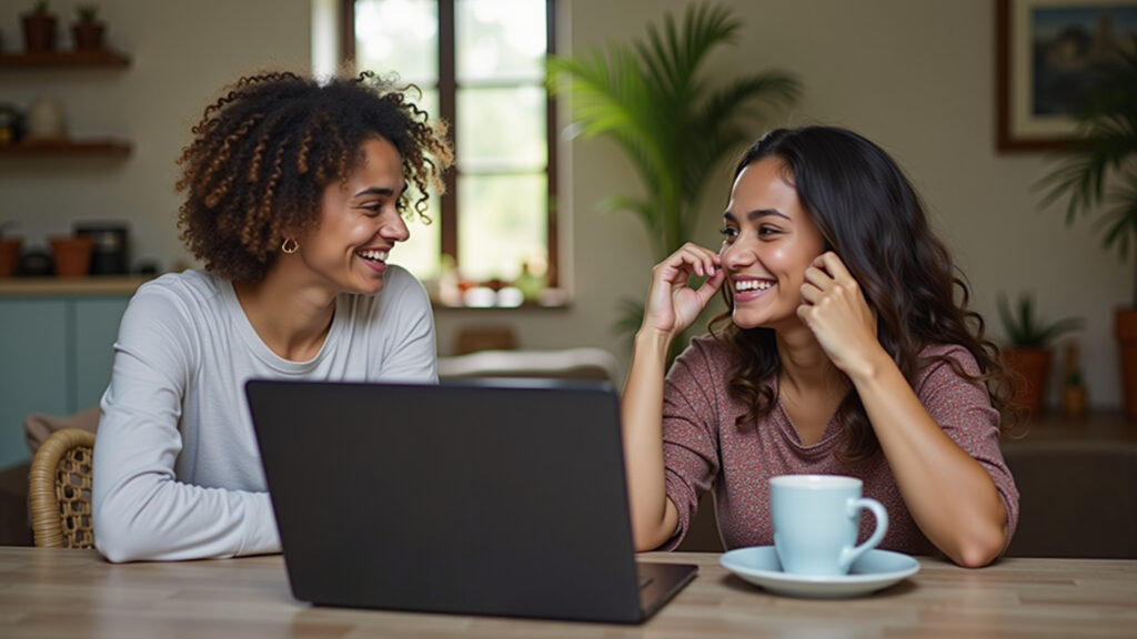 Amigas mantendo contato por videochamada, superando a distância.