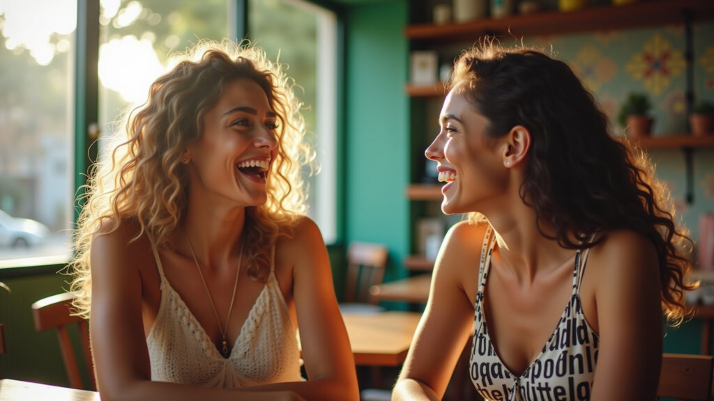 Amigas em café ensolarado no Brasil, rindo e compartilhando histórias.