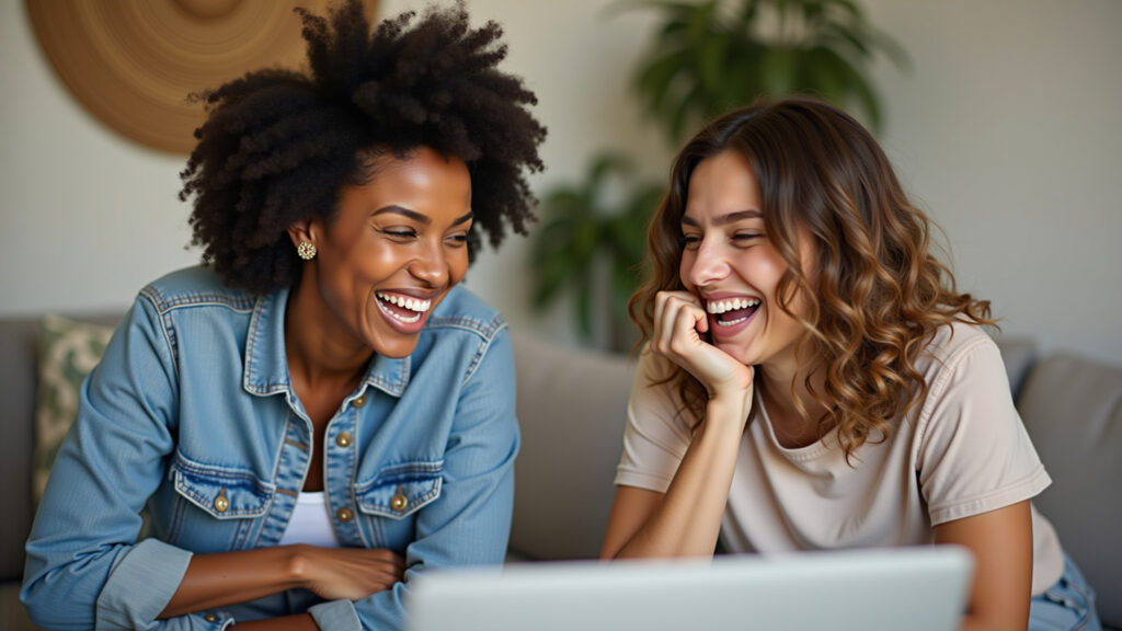 Amigas rindo online, cultivando uma amizade virtual genuína.