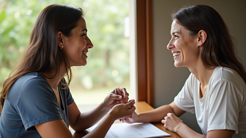 Amigas resolvendo conflitos com diálogo e respeito mútuo.