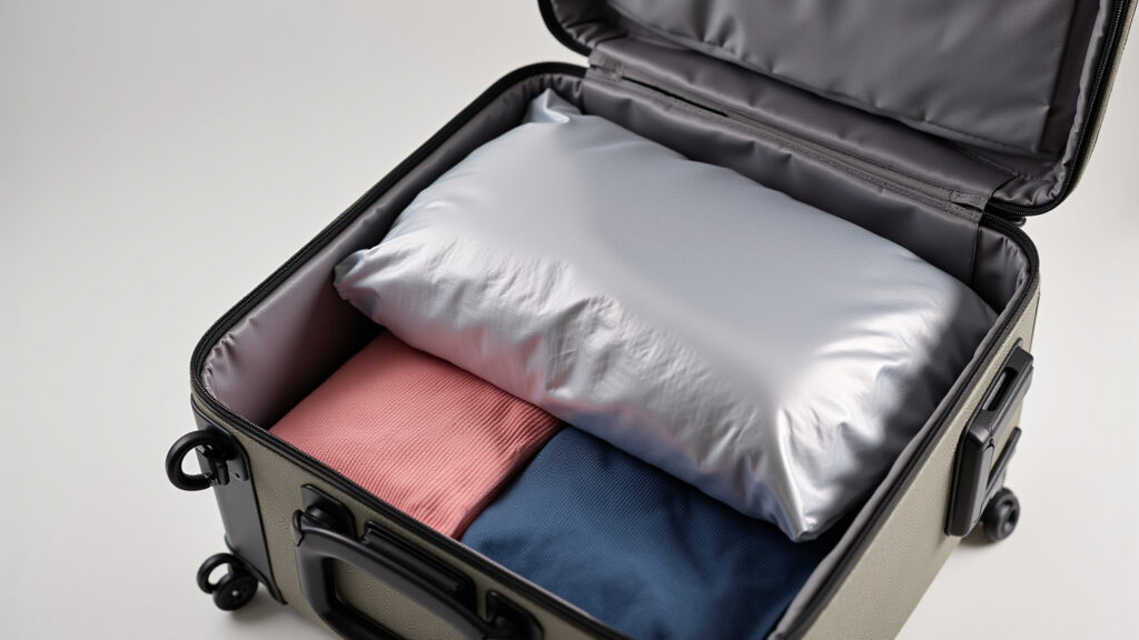 Sacos a vácuo com roupas dentro da mala.