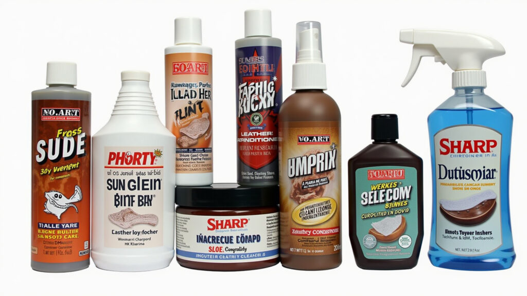 Various shoe cleaning products for different shoe types, leather conditioner, suede cleaner, fabric Produtos de limpeza ideais para cada tipo de sapato.