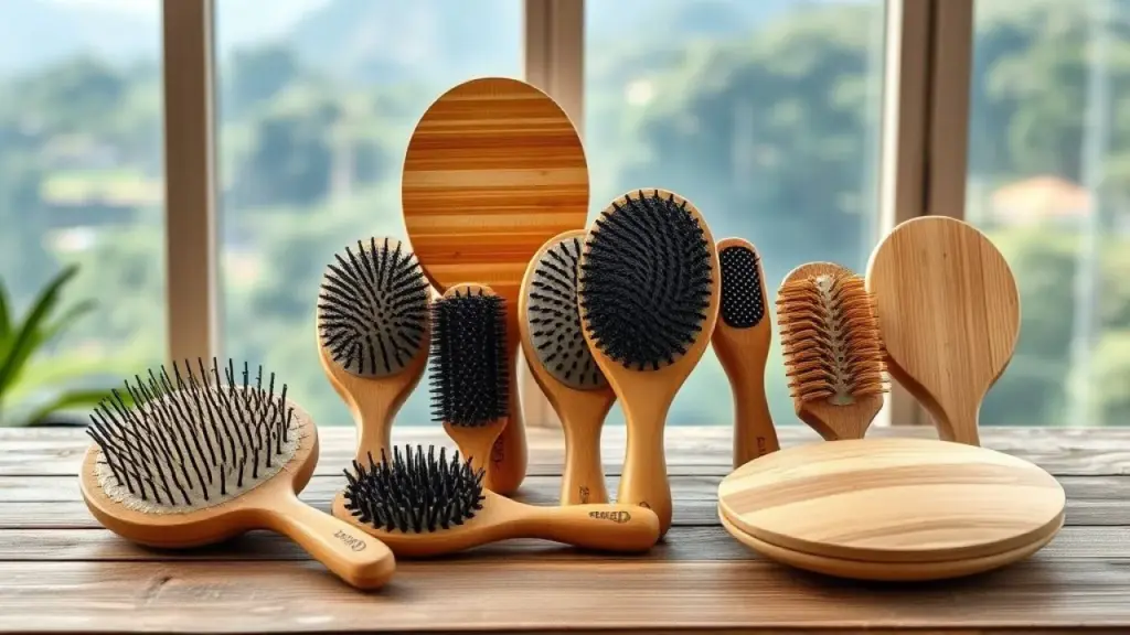 Variedade de escovas de bambu: redonda, raquete, oval. Versatilidade.