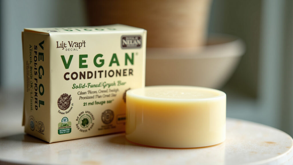 Vegan solid conditioner bar with plant-based ingredients, close-up shot, natural lighting, Condicionador sólido vegano.