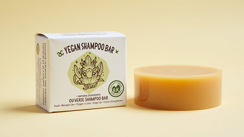 Vegan solid shampoo bar with natural ingredients, cruelty-free symbol, minimalist design, bright Shampoo sólido vegano e cruelty-free.
