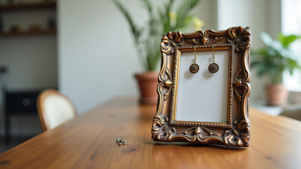 Porta-retratos vintage usado como organizador de brincos.