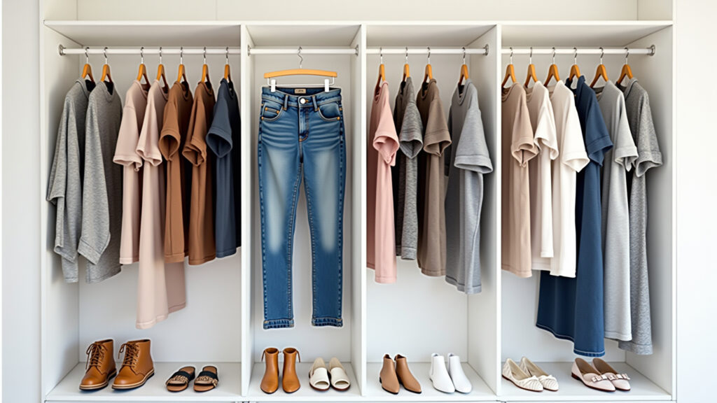 Guarda-roupa com roupas versáteis em cores neutras.