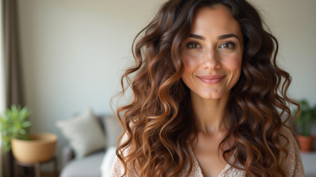 Cabelo ondulado com corte em camadas longas e ativador de cachos.