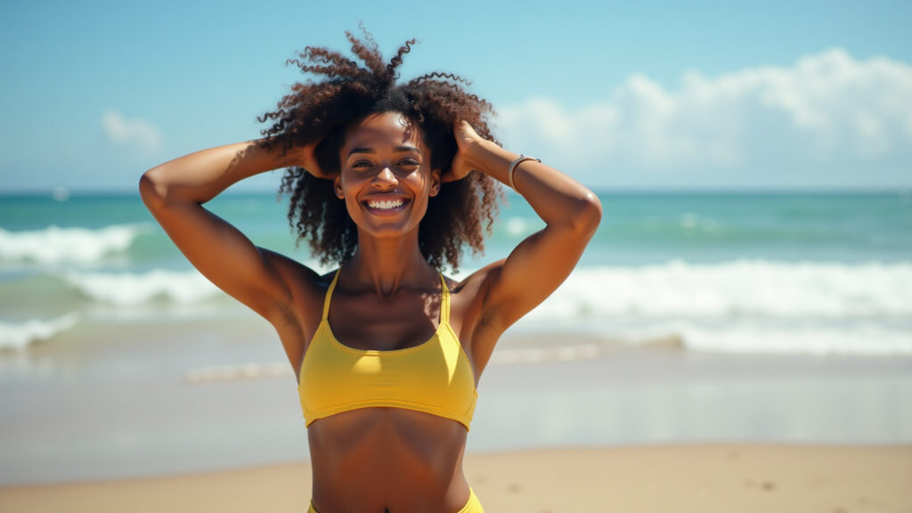 Woman adapting her plan with flexibility, Brazilian beach landscape, adjusting goals, calm and Mulher flexível adaptando plano de metas.