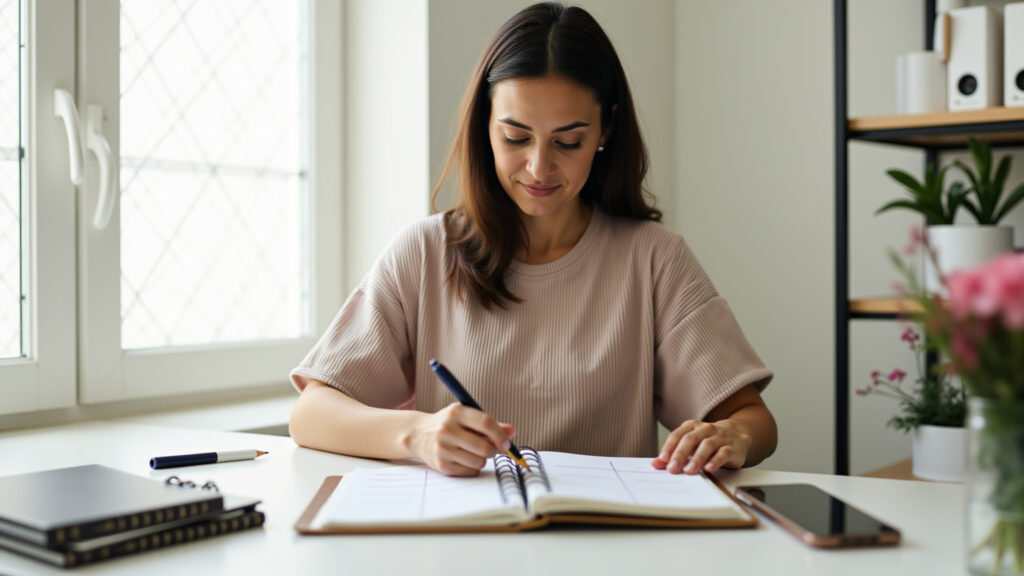 Woman adjusting her daily plan in a planner, Brazilian desk setting, natural light, 8K, commercial Mulher ajustando seu plano diário devido a imprevistos.