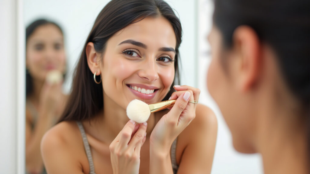 Woman applying compact powder with a fluffy brush, matte finish, natural light, professional Selo da base com pó compacto.