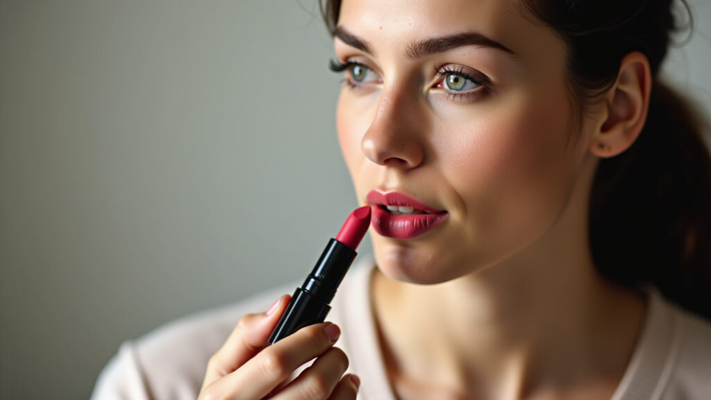 Woman applying matte lipstick, professional photography, 8K quality, natural light, focus on lips, Batom matte de longa duração.