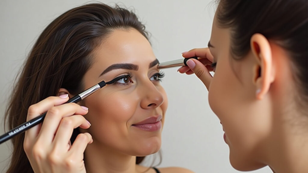 Woman applying waterproof gel eyeliner with angled brush, professional photography, 8K quality, Delineador em gel à prova d'água.