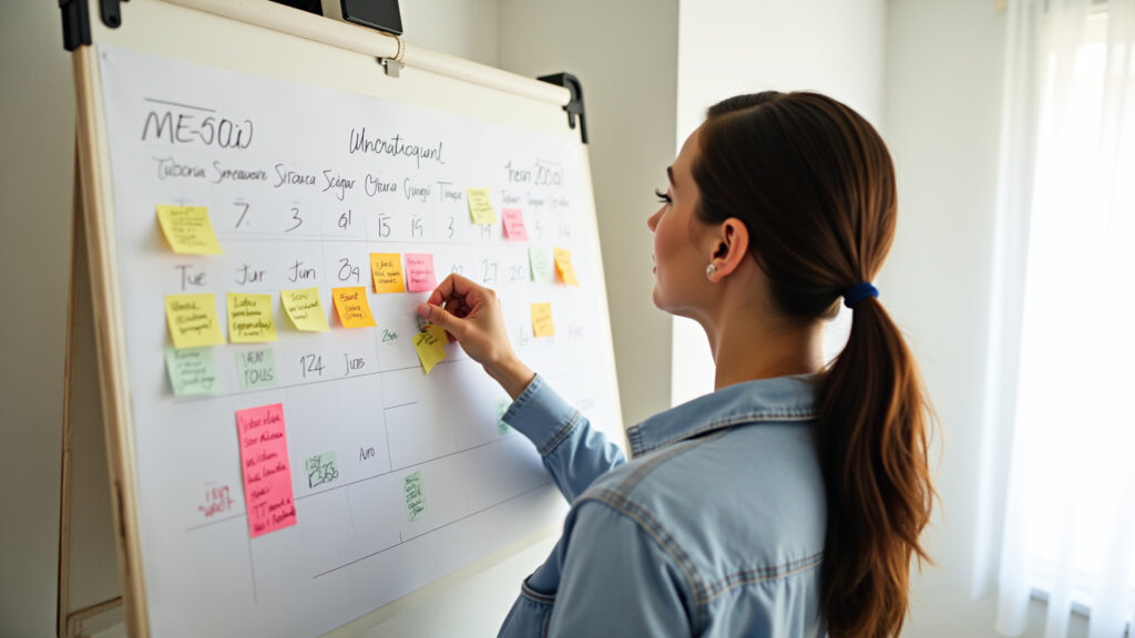 Woman breaking down annual goal into small tasks, sticky notes on a calendar, Brazilian apartment, Mulher dividindo meta anual em pequenas tarefas.