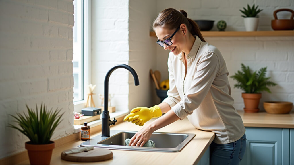 Woman cleaning kitchen counter, timer nearby, bright, organized Brazilian kitchen, 5-minute Limpeza rápida da cozinha com técnica de 5 minutos.