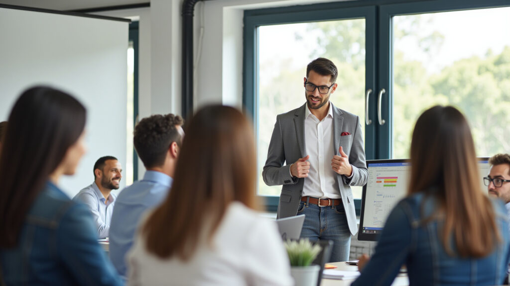 Woman delegating tasks in a bright, modern office, diverse team, Brazilian style, professional Mulher delegando tarefas no trabalho.