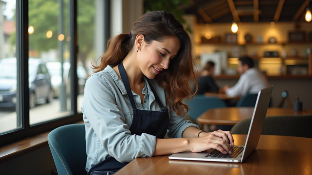 Woman dividing a large task into smaller steps, Brazilian cafe setting, natural light, 8K, Mulher dividindo tarefas para evitar a procrastinação.