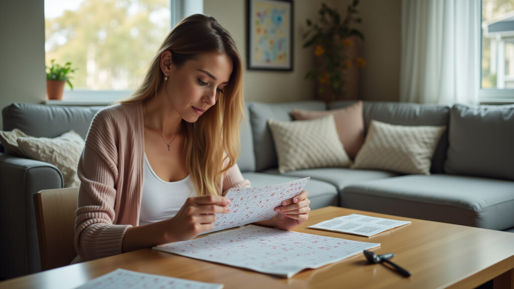 Woman doing a Sudoku puzzle, focused expression. Natural light, cozy living room. Focus on mental Mulher fazendo um quebra-cabeça Sudoku para melhorar o foco.